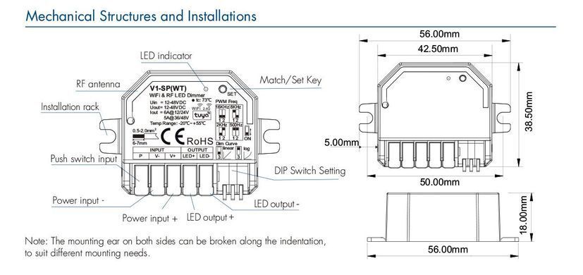 LED-контролер DEYA 12-48 VDC, 6A*1CH, WiFi & RF CV для Tuya App (V1-SP(WT))