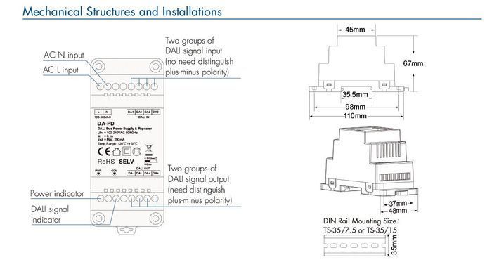 LED-повторитель DALI и блок питания DEYA 100&ndash;240 VAC, 200 mA (DA-PD)