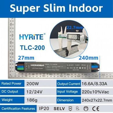 Блок живлення HYRITE Super Slim 200W DC24V з клемою для внутрішнього використання (TLC-24E200)